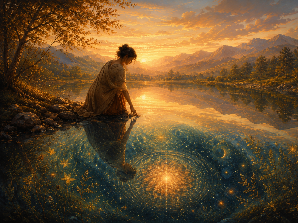 Illustratie van een vrouw in een magisch landschap, waarbij de spiegeling in het water een wereld vol symboliek laat zien