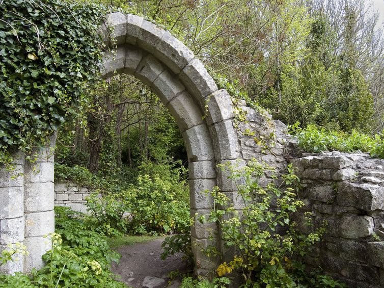 een oude stenen poort met een afgebrokkelde muur, overwoekerd door onkruid