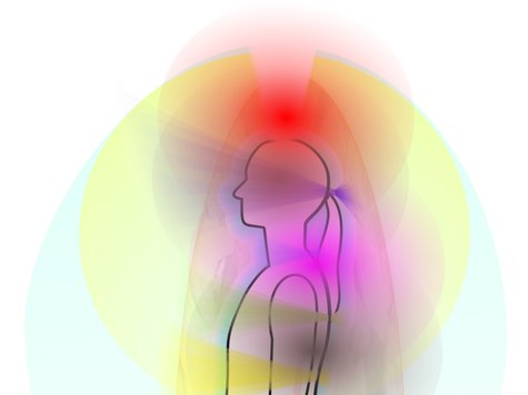 Een energieveld van iemand met burn-out, veel donker en verstopte chakra's.
