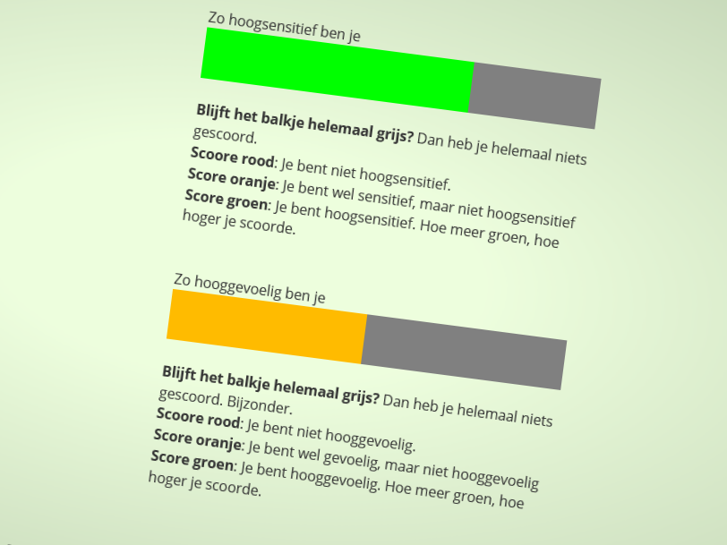 Testuitslag: Groen balkje voor hoogsensitiviteit, oranje balkje voor hooggevoeligheid. Deze persoon is wel hoogsensitief maar niet hooggevoelig.
