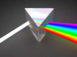 Een prisma breekt een straal wit licht in de 7 kleuren van de regenboog