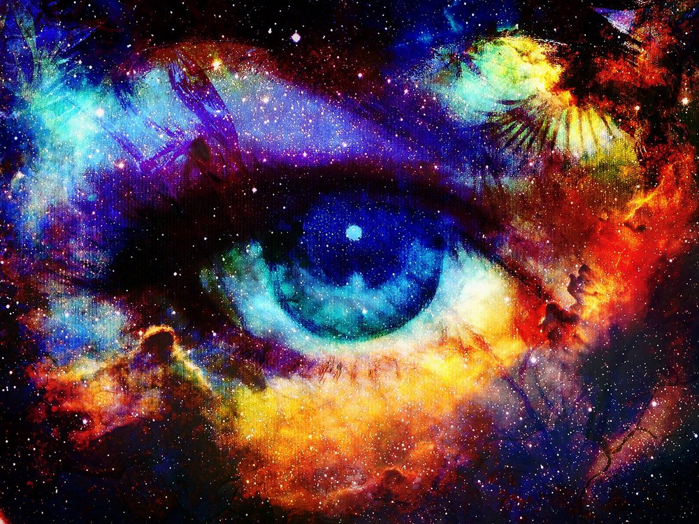 Een illustratie van een oog in kleurige wolken