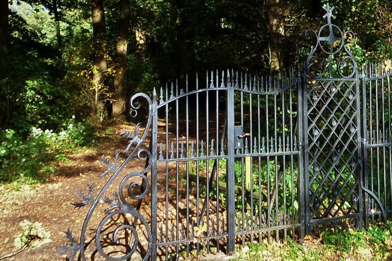 Een symbolisch beeld van het onderbewuste: Een een pad dat een donker bos in loopt wordt afgesloten door een zwart gietijzeren hek. Maar een smal pad loopt er met een bochtje omheen.