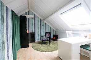 De praktjkruimte is een ruime lichte zolderkamer, met groentinten op de muren, en groot dakraam. Een rond groen kleed onder de behandelstoel symboliseert het energieveld.