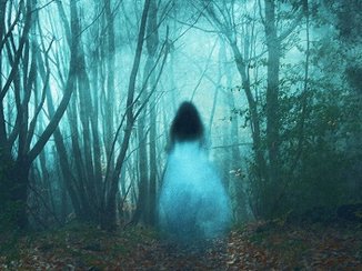 Een entiteit in een witte jurk loopt door een mistig, spookachtig bos naar het licht