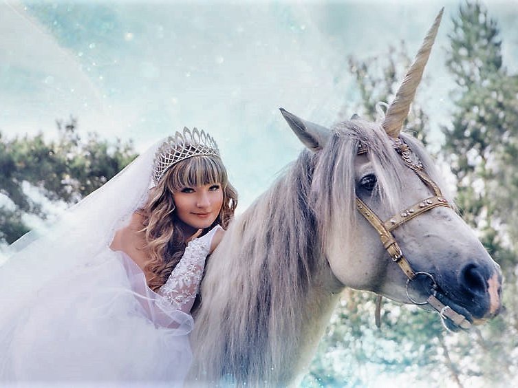 Een prinses, in trouwjurk, op een witte eenhoorn, wacht mop de man van haar dromen