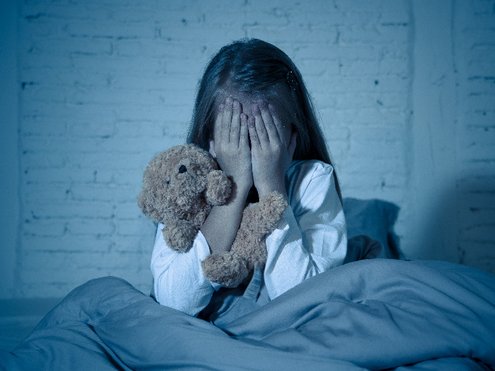Een kindje is bang voor entiteiten en zit met haar handen voor haar ogen in bed. Ze wil de entiteiten niet meer zien.