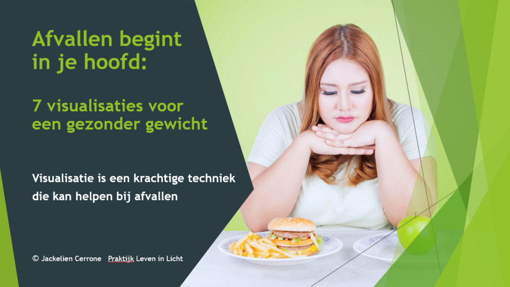 Een samnegestelde illustratie met detekst: "Webinar: Afvallen begint in je hoofd - 7 visualisaties om af te vallen ",  en een foto van een vrouw met overgewicht die wil afvallen