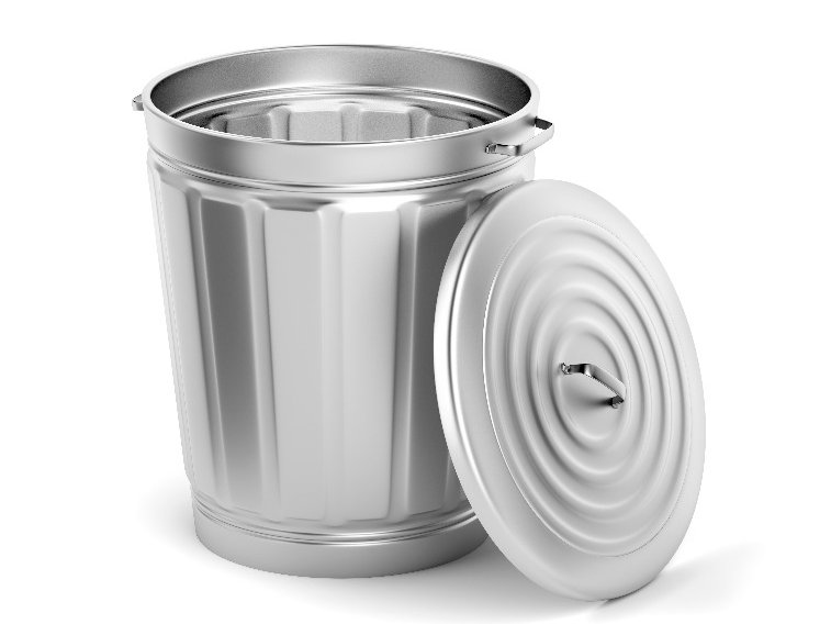 Een metalen afvalemmer met deksel, om je trauma in weg te gooien, in een visualisatie.