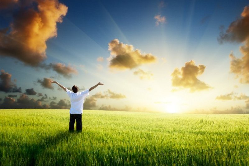 Een man blijft gemotiveerd, met opgeheven armen in het licht van de opkomende zon, in een graanveld. 